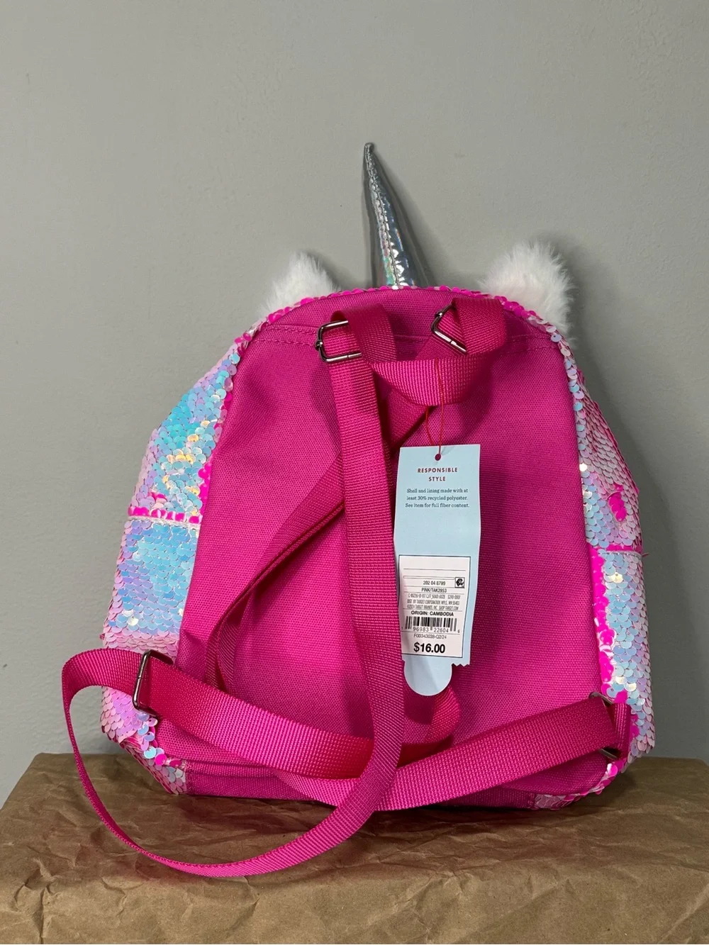 Cat & Jack Iridescent Sequin Unicorn Backpack - Pink & Light Blue